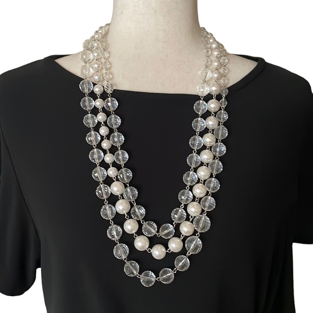 White House Black Market Faux Pearl & Crystal Bauble Silver 3 Strand Necklace